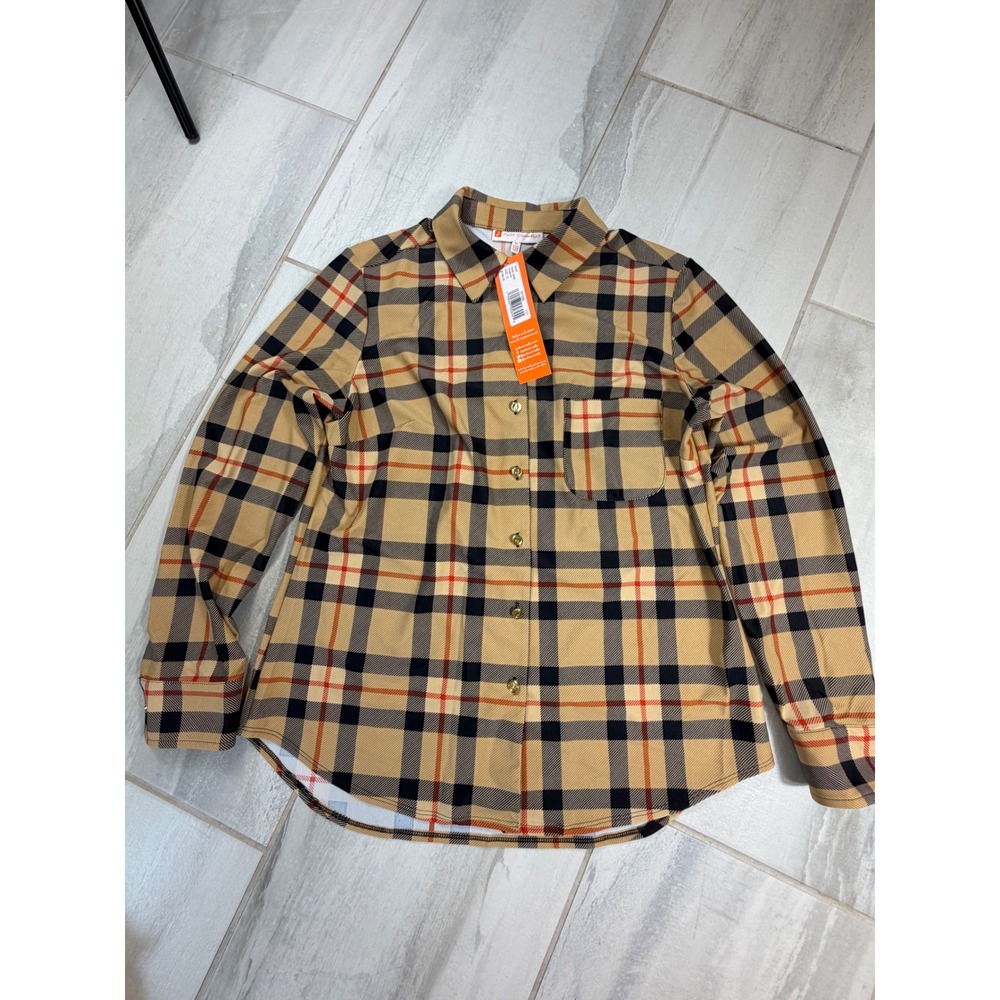 Jude Connally Taylor Shirt XL Tartan Camel Tangerine Plaid Button Down NWT